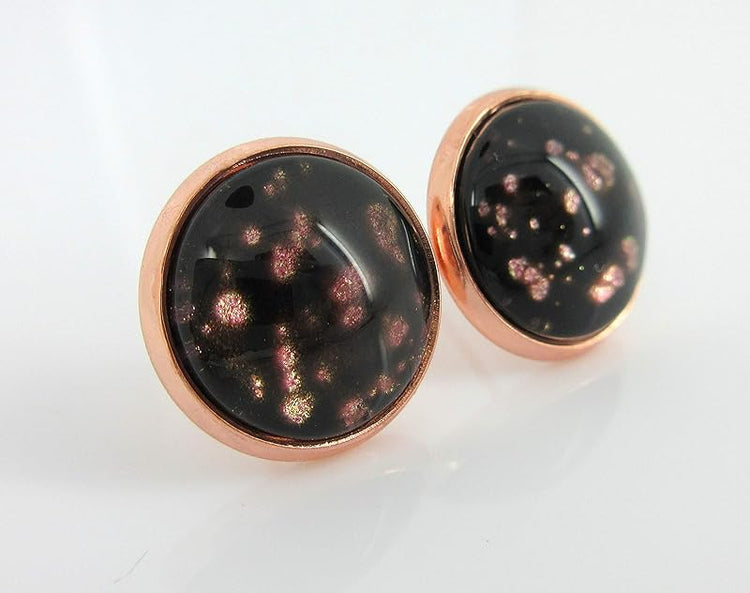 Summerfield Collection Rose Gold-tone Black Spotted Glitter Glass Stud Earrings Hand-painted 12mm