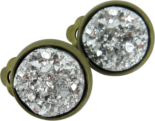Summerfield Collection CLIP-ON Antiqued Gold-tone Faux Druzy Stone Stud Earrings 12mm (Silver Metallic)