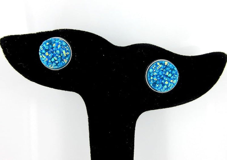Summerfield Collection Trio Silver-tone White AB Blue Stud Earrings 12mm Faux Druzy Stone Set