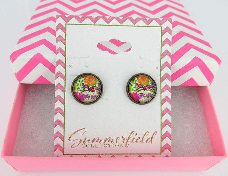 Summerfield Collection Antiqued Gold-tone Paisley Print Glass Stud Earrings 12mm