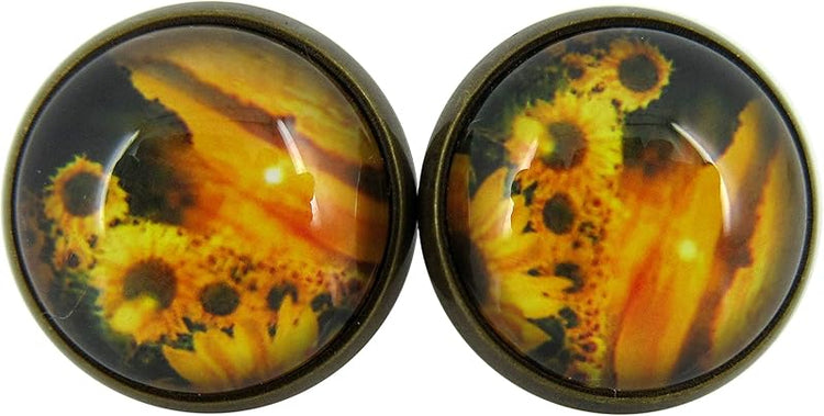 Summerfield Collection Antiqued Gold-tone Sunset Sunflower Print Glass Stud Earrings 12mm