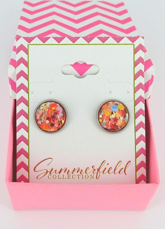 Summerfield Collection Stainless Steel Glitter Resin Globe Stud Earrings 12mm (Sunset)
