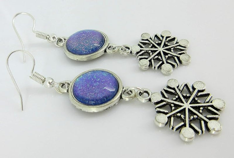 Summerfield Collection Antiqued Silver-tone Blue Purple Glitter Glass Dangle Earrings Snowflake Charm Hand-painted