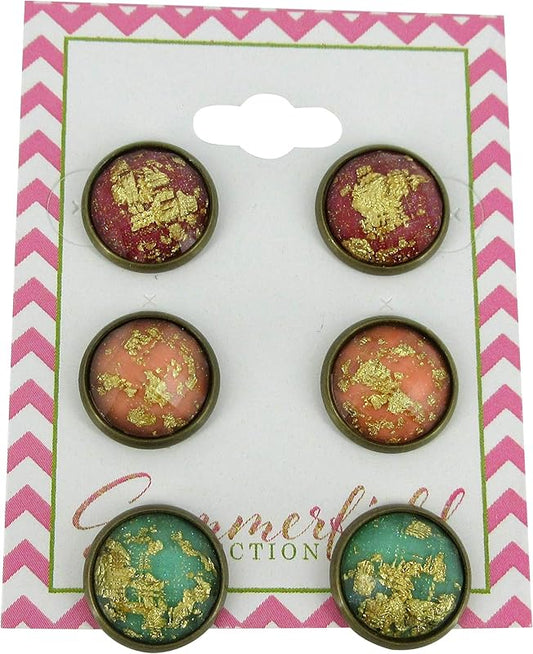 Summerfield Collection Trio Antiqued Gold-tone Leaf Foil Faceted Resin Stud Earrings Set 12mm (Red/Peach/Mint Green)