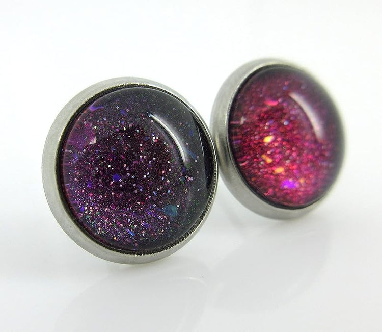 Summerfield Collection Stainless Steel Dark Galaxy Blue Colorshifting to Purple and Red Glitter Glass Stud Earrings Hand-painted 10mm