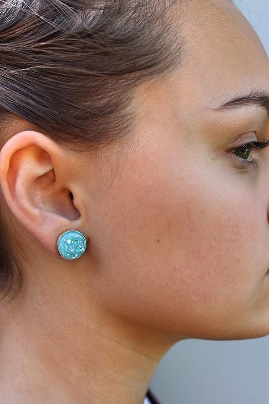Summerfield Collection Silver-tone Pastel AB Faux Druzy Stone Stud Earrings 12mm (Aqua Blue)