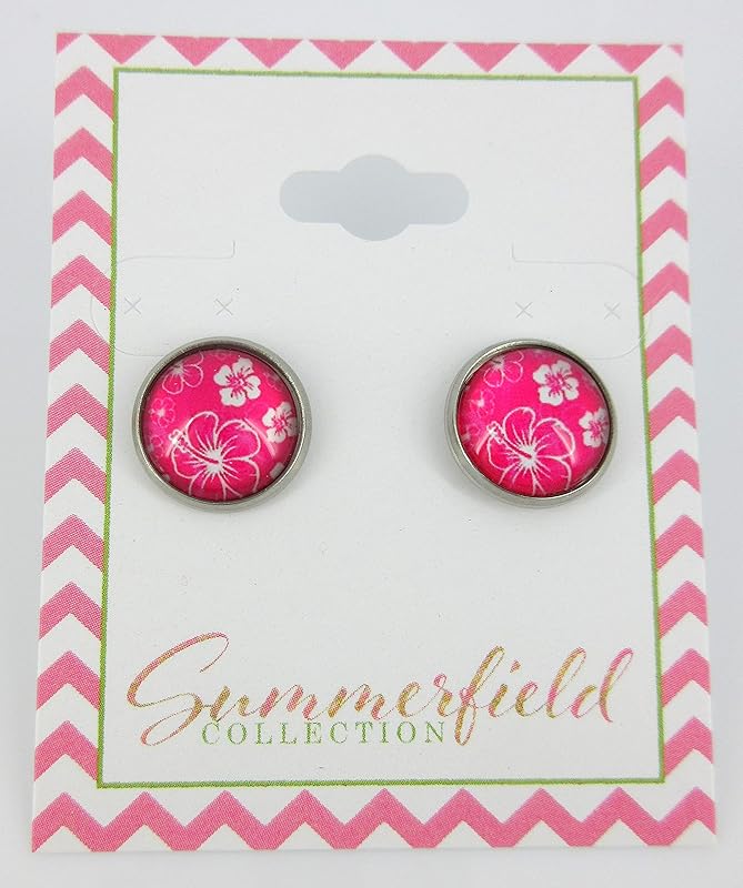 Summerfield Collection Stainless Steel Hibiscus Flower Print Glass Stud Earrings 12mm Hawaiian (Hot Pink)