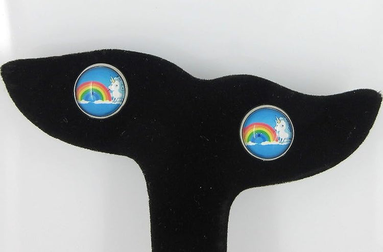 Summerfield Collection Stainless Steel Unicorn Licking Rainbow Print Glass Stud Earrings 12mm