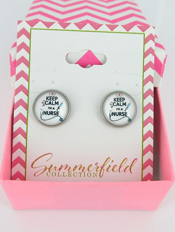 Summerfield Collection Stainless Steel Keep Calm I'm a Nurse Print Glass Stud Earrings 12mm White Black Red