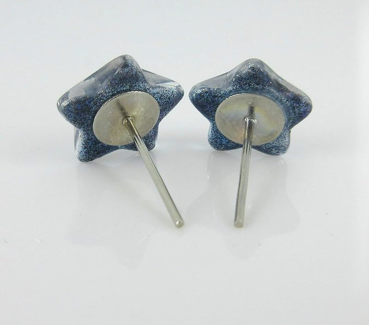 Summerfield Collection Blue Holographic Star Glitter Glass Galaxy Stud Earrings 10mm Hand-painted