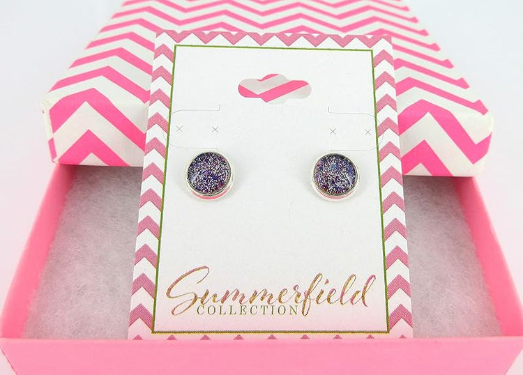 Summerfield Collection Silver-tone Purple Blue Gold Green Glitter Glass Stud Earrings Hand-painted 8mm