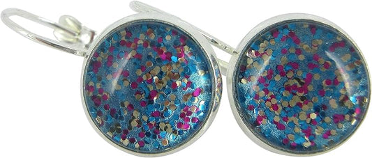 Summerfield Collection Silver-tone Blue and Pink Confetti Glitter Glass Lever-back Drop Earrings Hand-painted