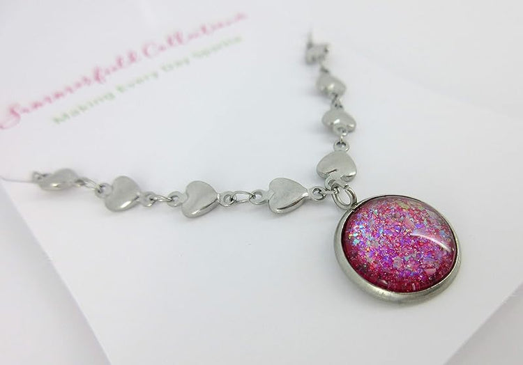 Summerfield Collection Stainless Steel Heart Chain and Pink Glitter Glass Pendant Necklace