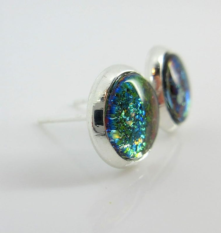 Summerfield Collection Silver-tone Hot Pink Green Gold Blue Glitter Glass Stud Earrings Hand-painted 8mm