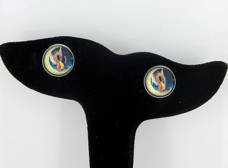 Summerfield Collection Stainless Steel Orange Dragon on Moon Print Glass Stud Earrings 12mm
