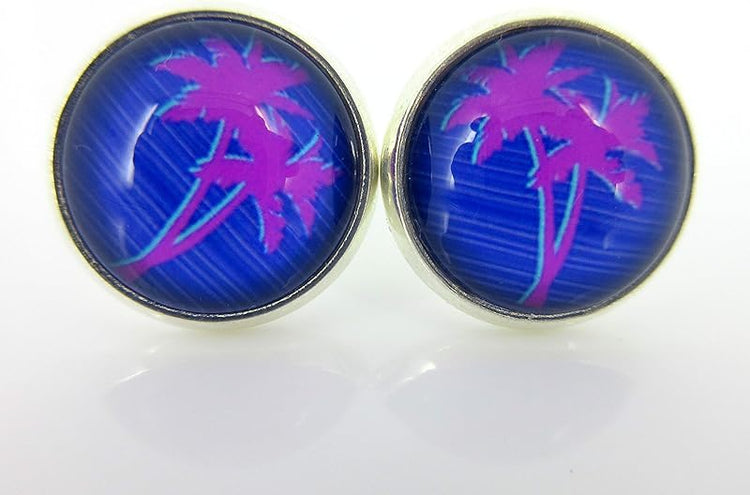 Summerfield Collection Silver-tone Blue and Pink Palm Tree Print Glass Stud Earrings 12mm