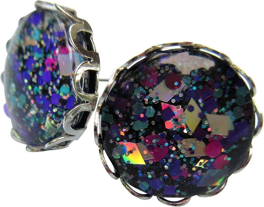 Summerfield Collection Stainless Steel Aqua Blue Pink and Purple Glitter Glass Stud Earrings Hand-painted 12mm