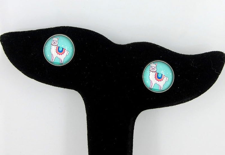 Summerfield Collection Stainless Steel Llama Print Glass Stud Earrings 12mm (Teal)