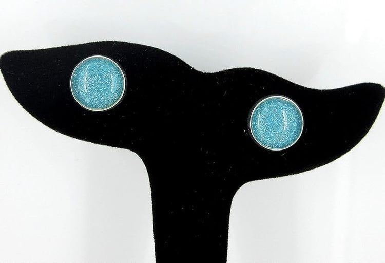 Summerfield Collection Silver-tone Soft Teal Green Blue Glitter Glass Stud Earrings Hand-painted 12mm