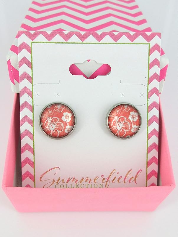 Summerfield Collection Stainless Steel Hibiscus Flower Print Glass Stud Earrings 12mm Hawaiian (Coral Peach Pink)