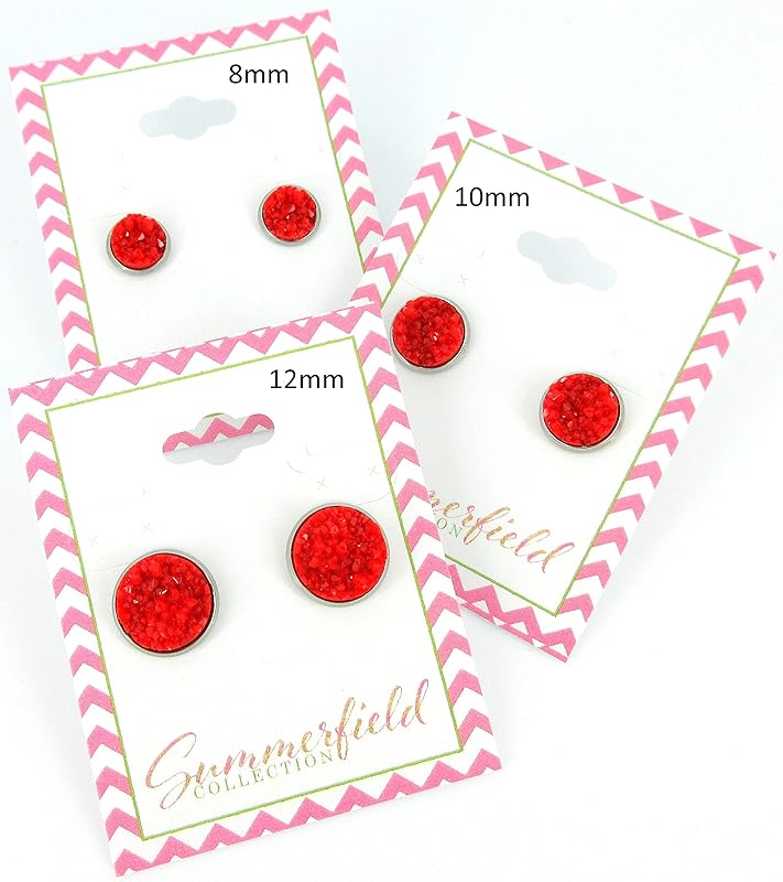 Summerfield Collection Stainless Steel Matte Faux Druzy Stone Stud Earrings 12mm (Classic Red)