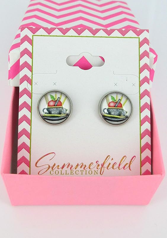Summerfield Collection Stainless Steel Teacher Print Glass Stud Earrings 12mm (You're the Best/Apple)