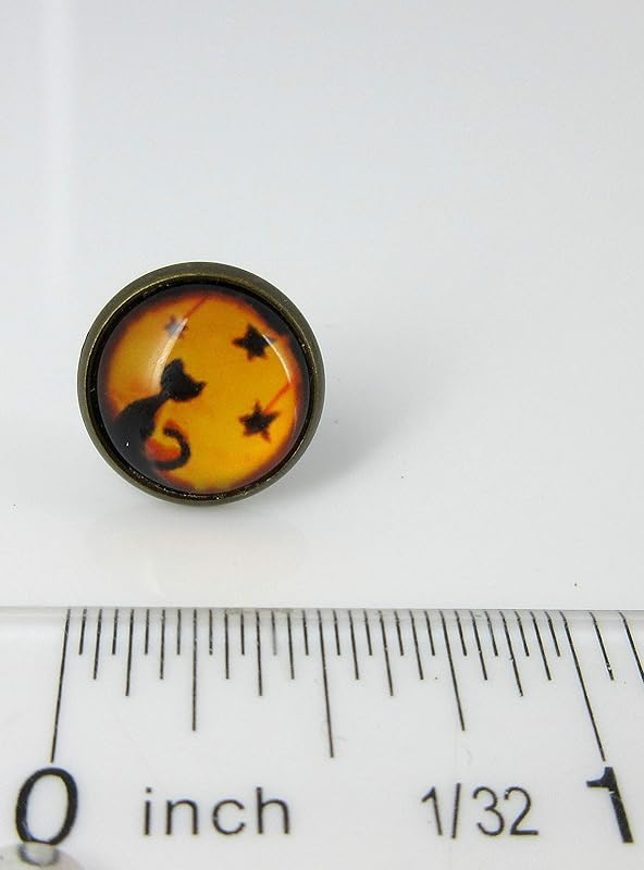 Summerfield Collection Antiqued Gold-tone Orange and Black Halloween Cat Print Glass Stud Earrings 12mm