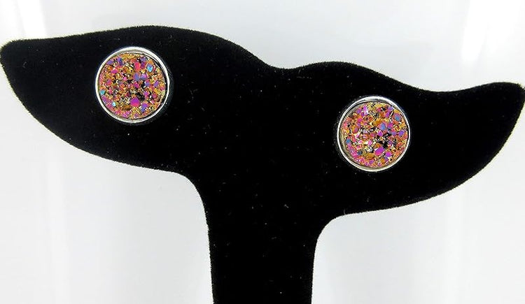 Summerfield Collection Silver-tone Metallic Faux Druzy Stone Stud Earrings 12mm (Gold/Pink)
