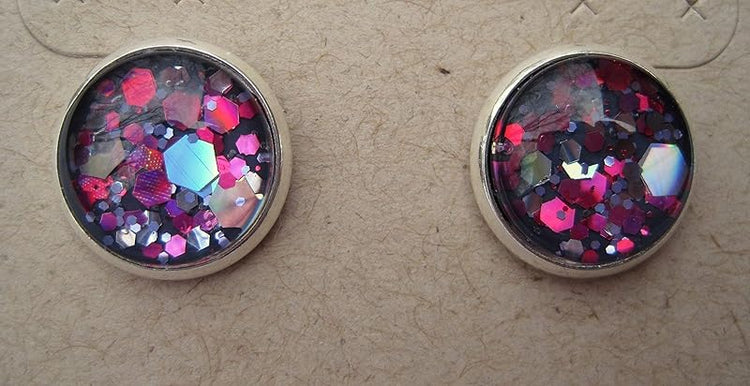 Summerfield Collection Silver-Tone Charcoal Gray and Pink Hexagon Glitter Glass Stud Earrings 12mm