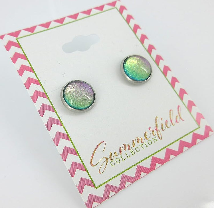 Summerfield Collection Stainless Steel Blue Purple Pink Green Colorshifting Glitter Glass Stud Earrings Hand-painted 10mm