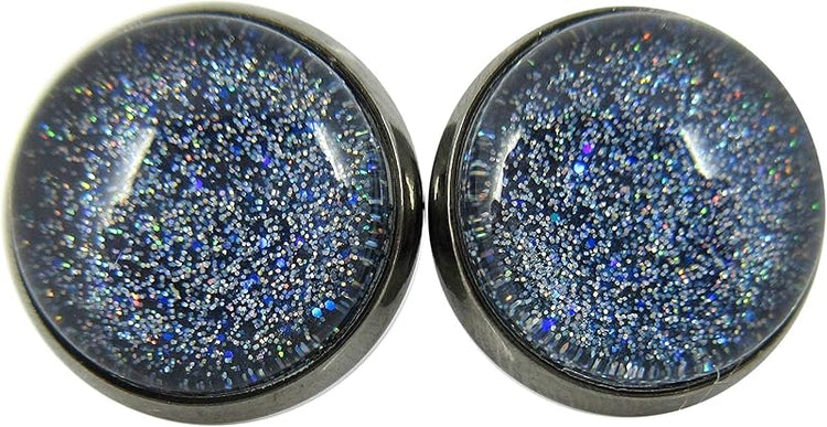 Summerfield Collection Hematite-tone Blue Holographic Glitter Glass Galaxy Stud Earrings Hand-painted 12mm