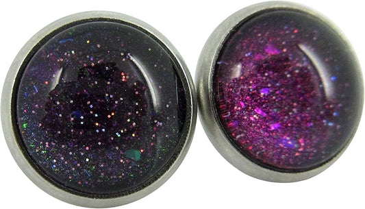 Summerfield Collection Stainless Steel Dark Galaxy Blue Colorshifting to Purple and Red Glitter Glass Stud Earrings Hand-painted 10mm