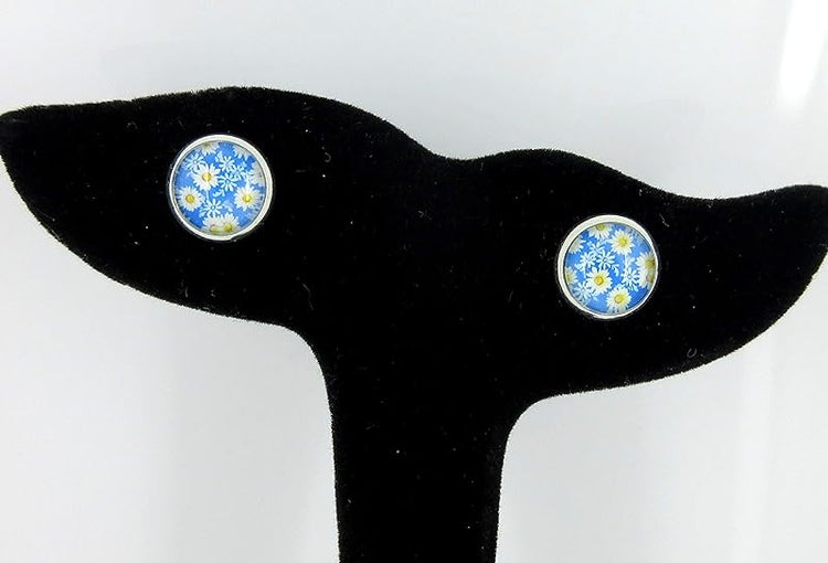 Summerfield Collection Silver-tone Daisy Flower Print Glass Stud Earrings 10mm