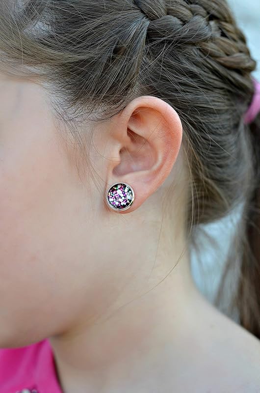 Summerfield Collection Silver-tone Preppy Mix Glitter Glass Stud Earrings Hand-painted 12mm