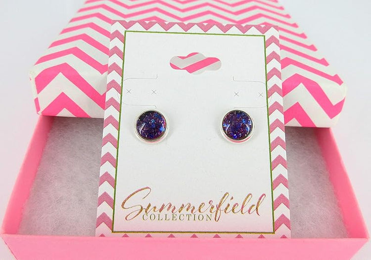 Summerfield Collection Silver-tone Bronze Blue Purple Glitter Glass Stud Earrings Hand-painted 8mm