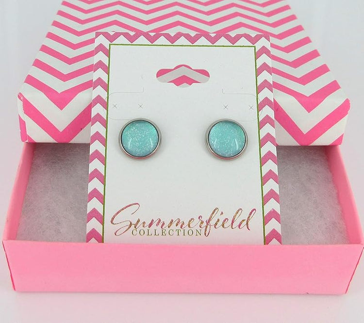Summerfield Collection Stainless Steel Light Aqua Mint Glitter Glass Stud Earrings Hand-painted 10mm