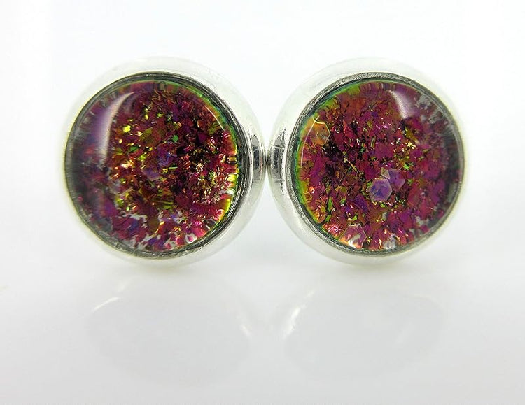 Summerfield Collection Silver-tone Hot Pink Green Gold Blue Glitter Glass Stud Earrings Hand-painted 8mm