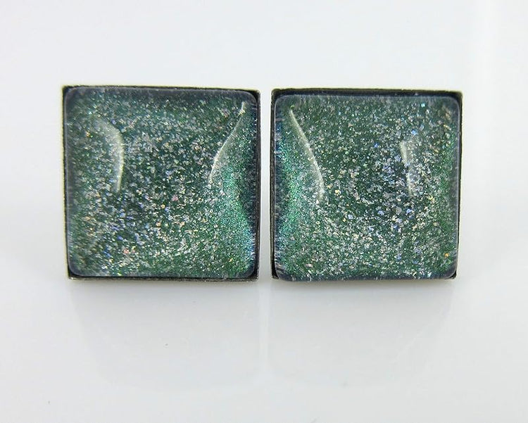 Summerfield Collection Stainless Steel Green and Blue Glitter Glass Stud Earrings Hand-painted Square 10mm