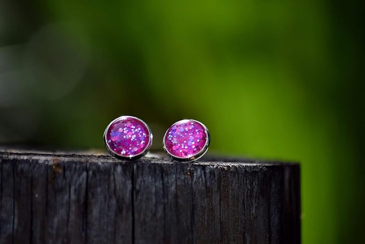 Summerfield Collection Silver-tone Fuchsia Pink and Purple Glitter Glass Stud Earrings Hand-painted 12mm