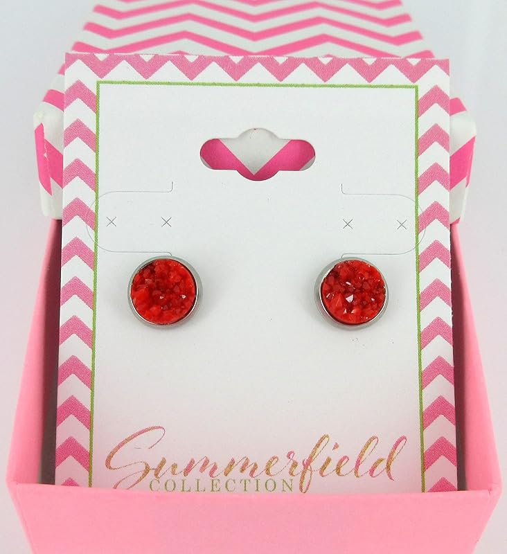 Summerfield Collection Stainless Steel Matte Faux Druzy Stone Stud Earrings 8mm (Classic Red)