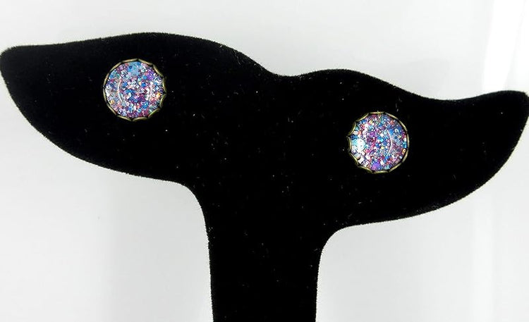 Summerfield Collection Antiqued Gold-tone Purple and Blue Glitter Glass Stud Earrings Hand-painted 10mm
