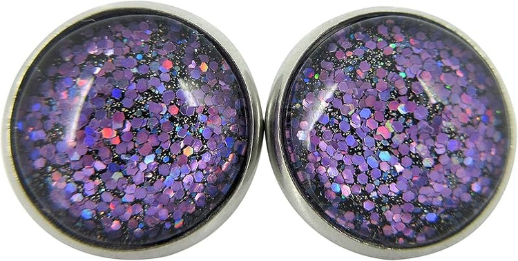 Summerfield Collection Stainless Steel Purple Holographic Glitter Glass Stud Earrings Hand-painted 12mm