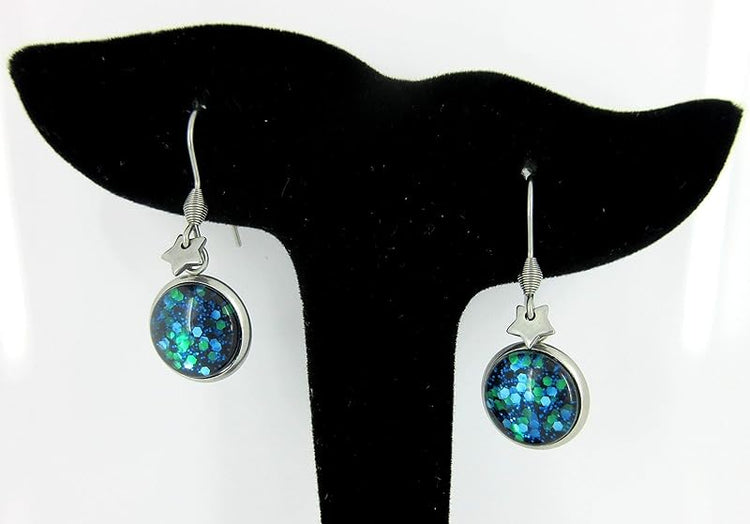 Summerfield Collection Stainless Steel Blue Green Glitter Glass Star Charm Galaxy Dangle Earrings Hand-painted