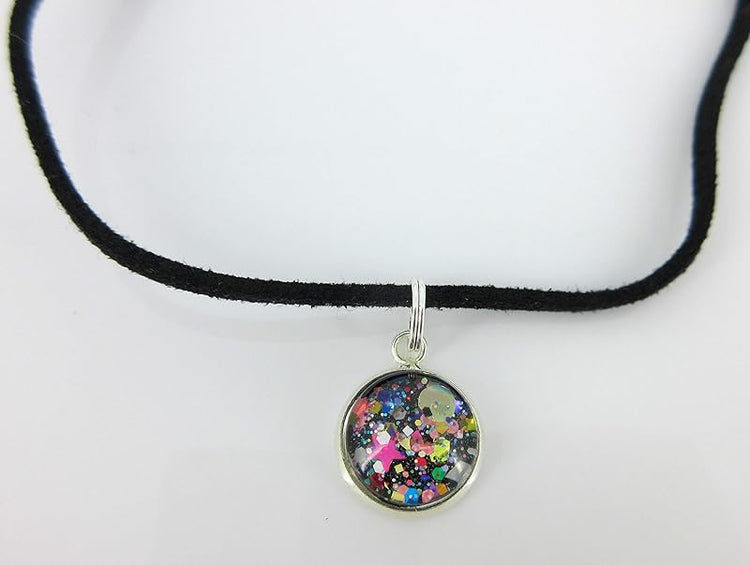 Summerfield Collection Silver-tone Glitter Glass Pendant Choker Necklace Faux Black Suede Cord