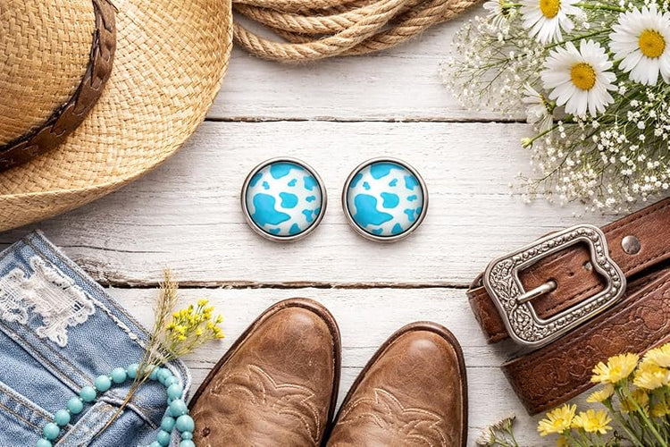 Summerfield Collection Stainless Steel Cow Animal Print Glass Stud Earrings 12mm Black (Aqua Blue)