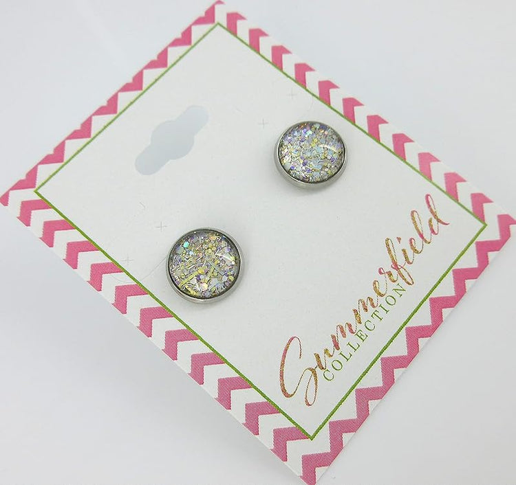 Summerfield Collection Stainless Steel Metallic Silver and Gold Glitter Glass Stud Earrings Hand-painted 10mm