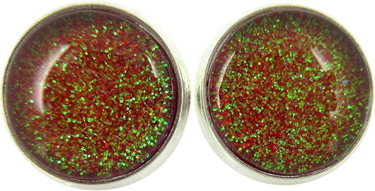 Summerfield Collection Silver-tone Red and Green Glitter Glass Stud Earrings Hand-painted (12mm)