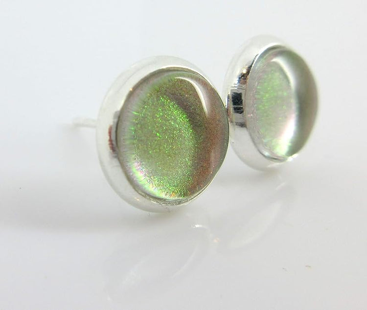 Summerfield Collection Silver-tone Peach Color Shift Glitter Glass Stud Earrings Hand-painted 8mm