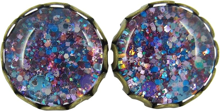 Summerfield Collection Antiqued Gold-tone Purple and Blue Glitter Glass Stud Earrings Hand-painted 10mm