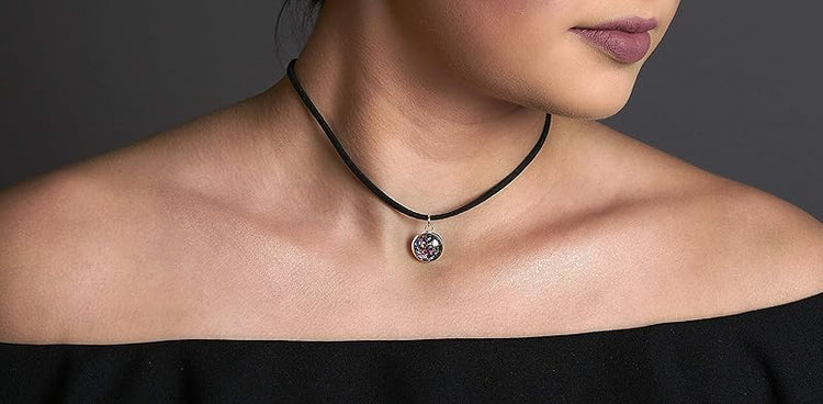 Summerfield Collection Silver-tone Glitter Glass Pendant Choker Necklace Faux Black Suede Cord